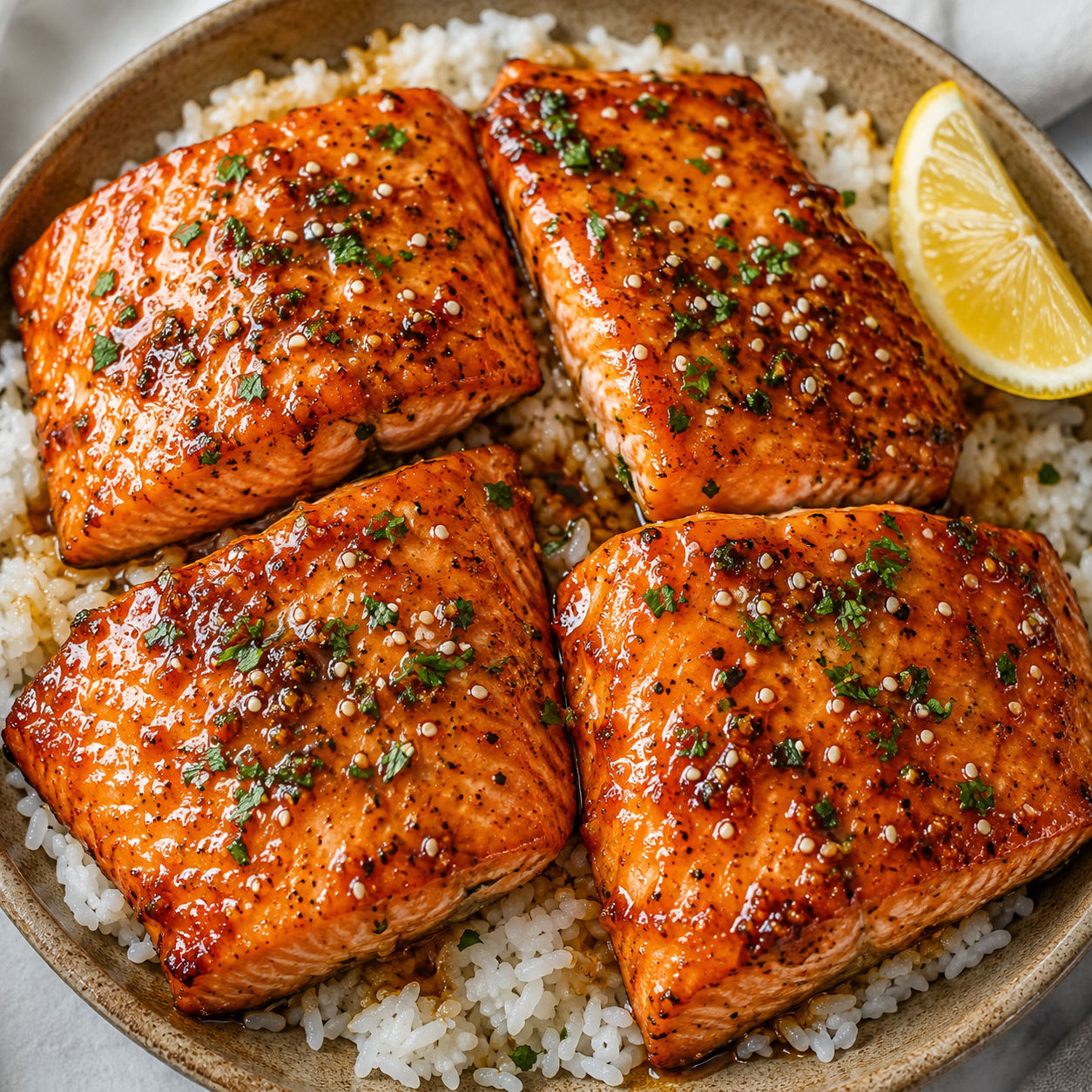 Honey glazed salmon fillets with sesame and parsley on rice