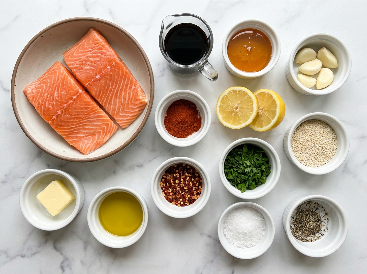 Raw salmon, honey, soy sauce, garlic, lemon, and herbs for glazed salmon