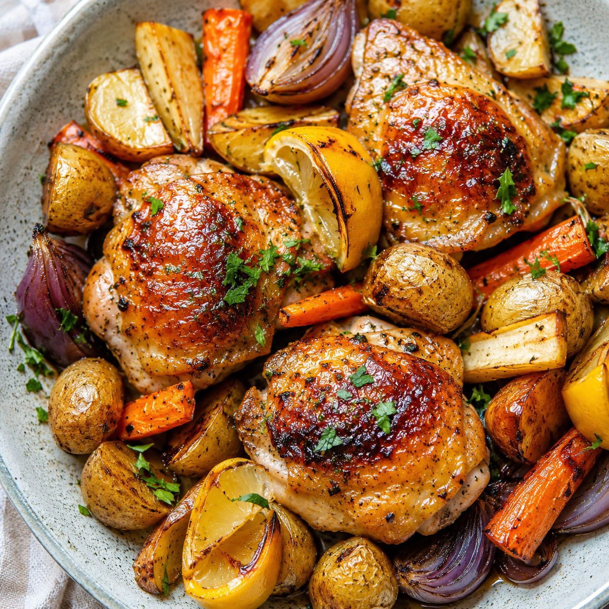 Honey lemon chicken thighs with roasted potatoes, carrots, and parsley