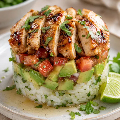 Honey lime chicken avocado rice stack with cilantro and lime
