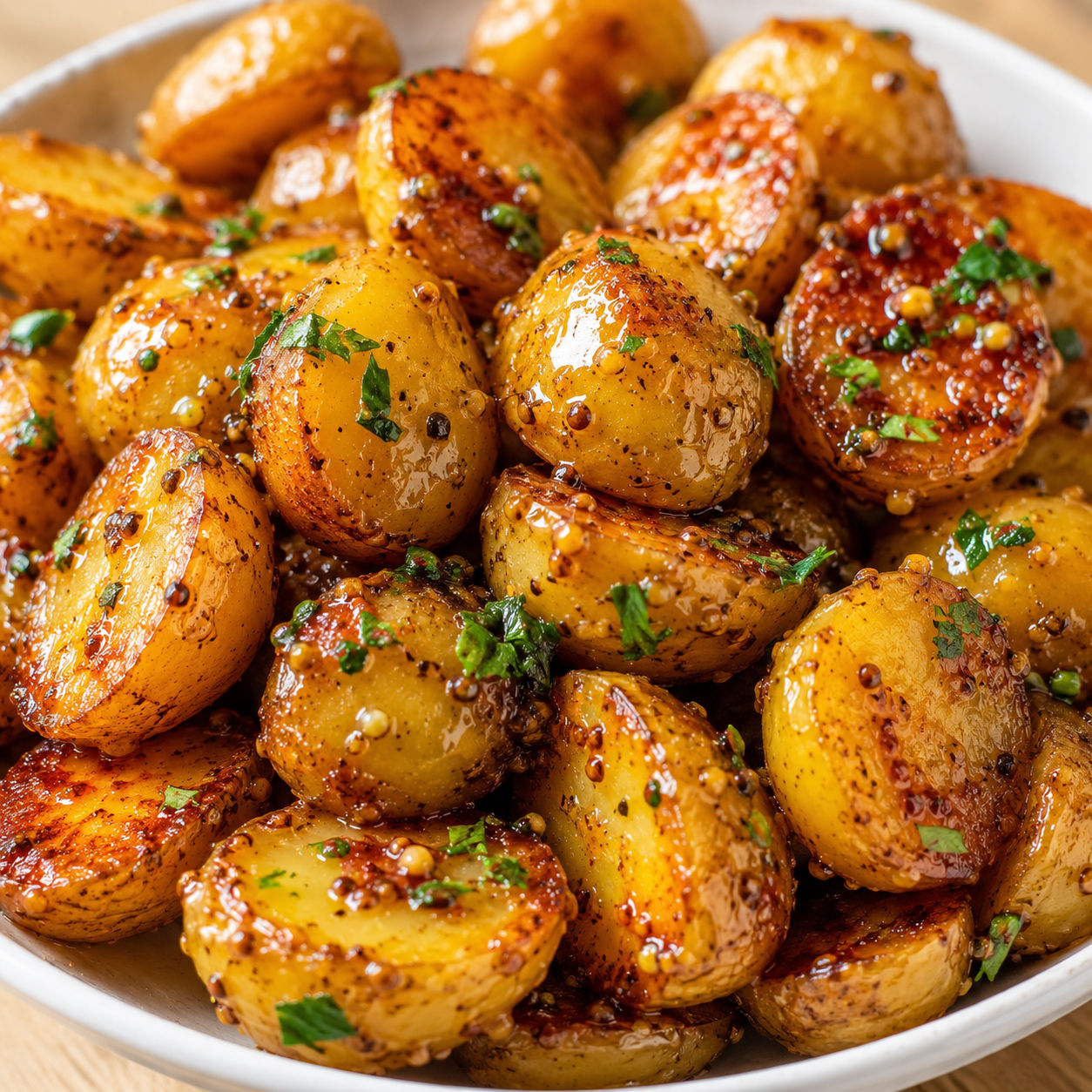 Honey mustard roasted potatoes with crispy edges and fresh parsley in a white bowl