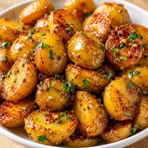 Honey mustard roasted potatoes with crispy edges and fresh parsley in a white bowl