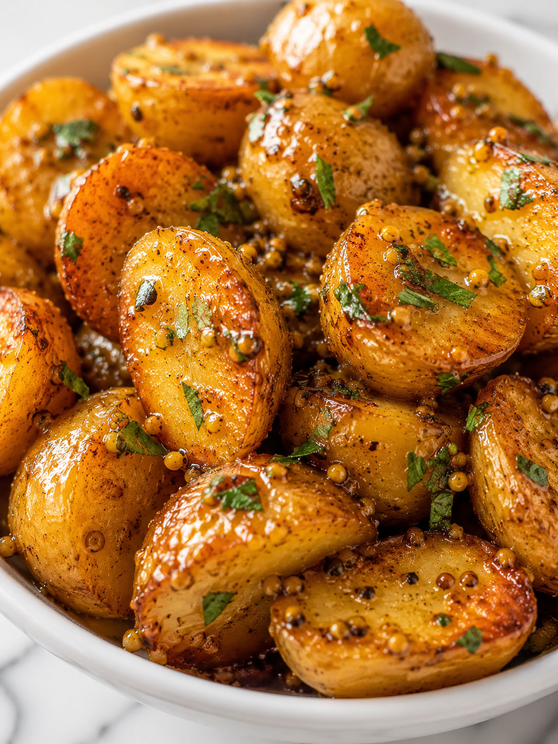 Honey Mustard Potatoes, plated and served