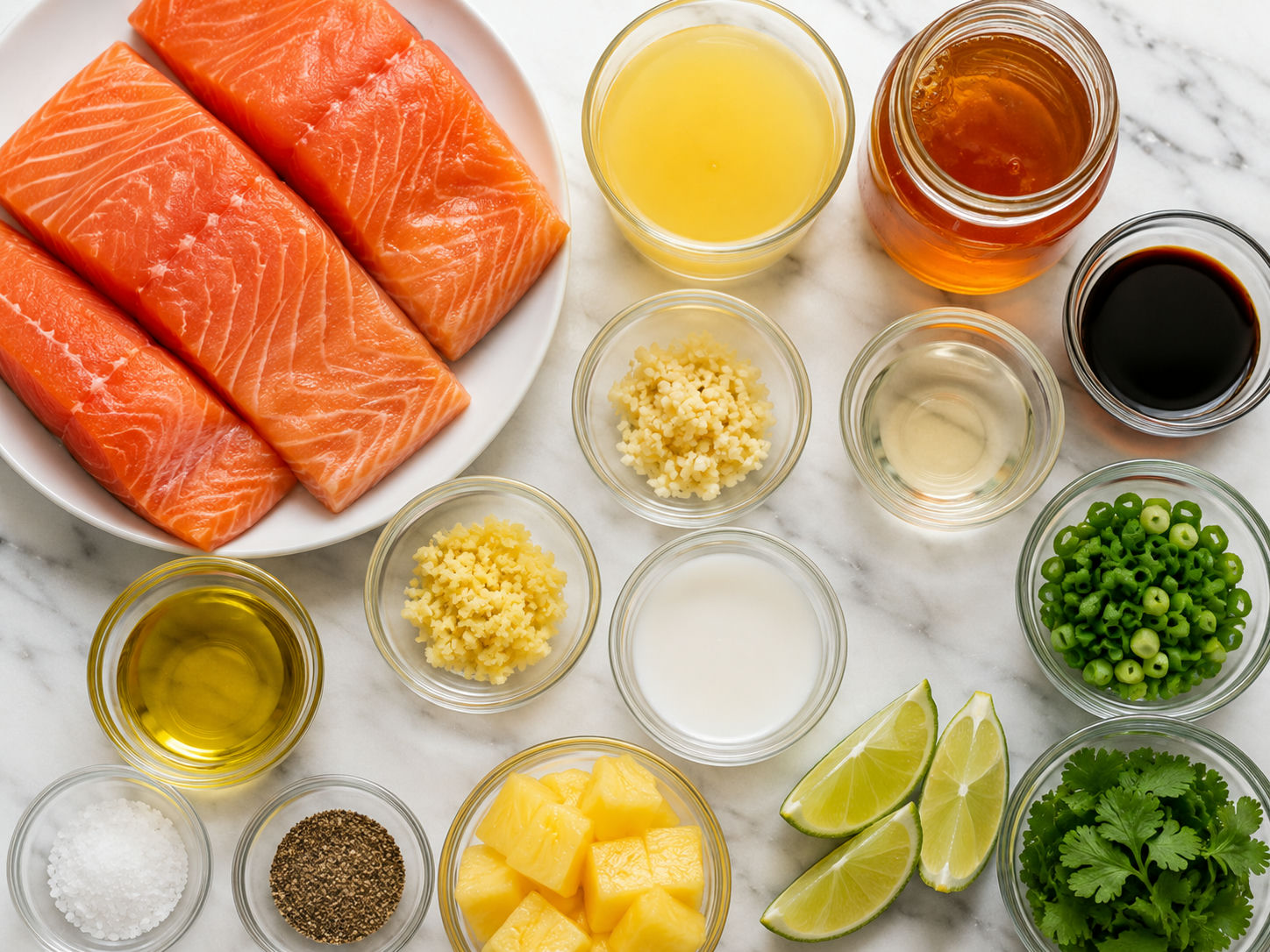 Ingredients for honey pineapple glazed salmon on a wooden surface