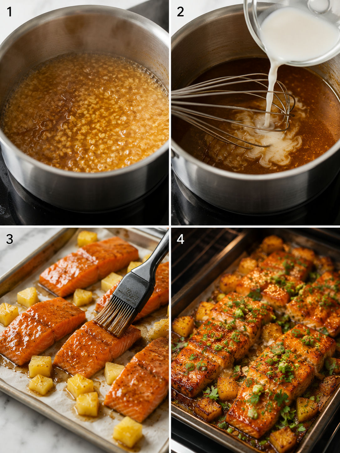 Four steps for making honey pineapple glazed salmon