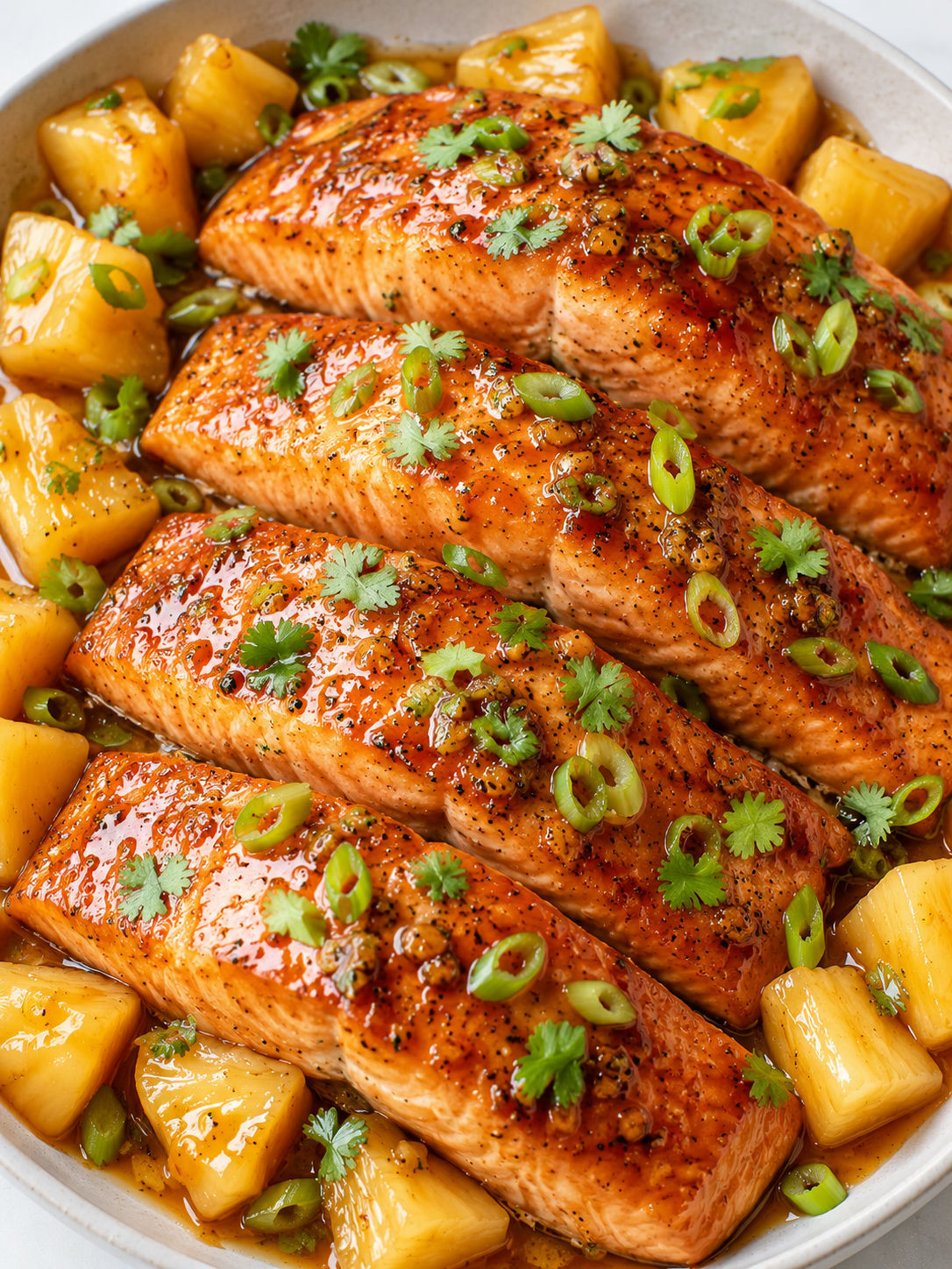 Honey pineapple glazed salmon filling the frame with pineapple and lime