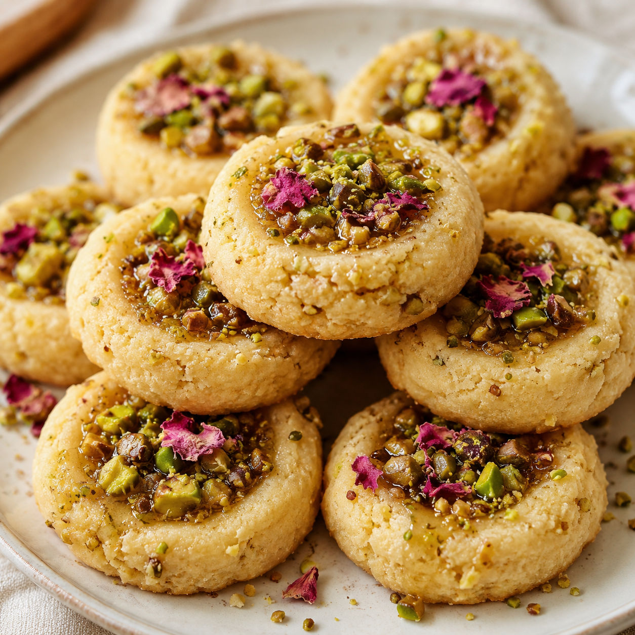 Honey pistachio baklava cookies with rose sugar and rose petals