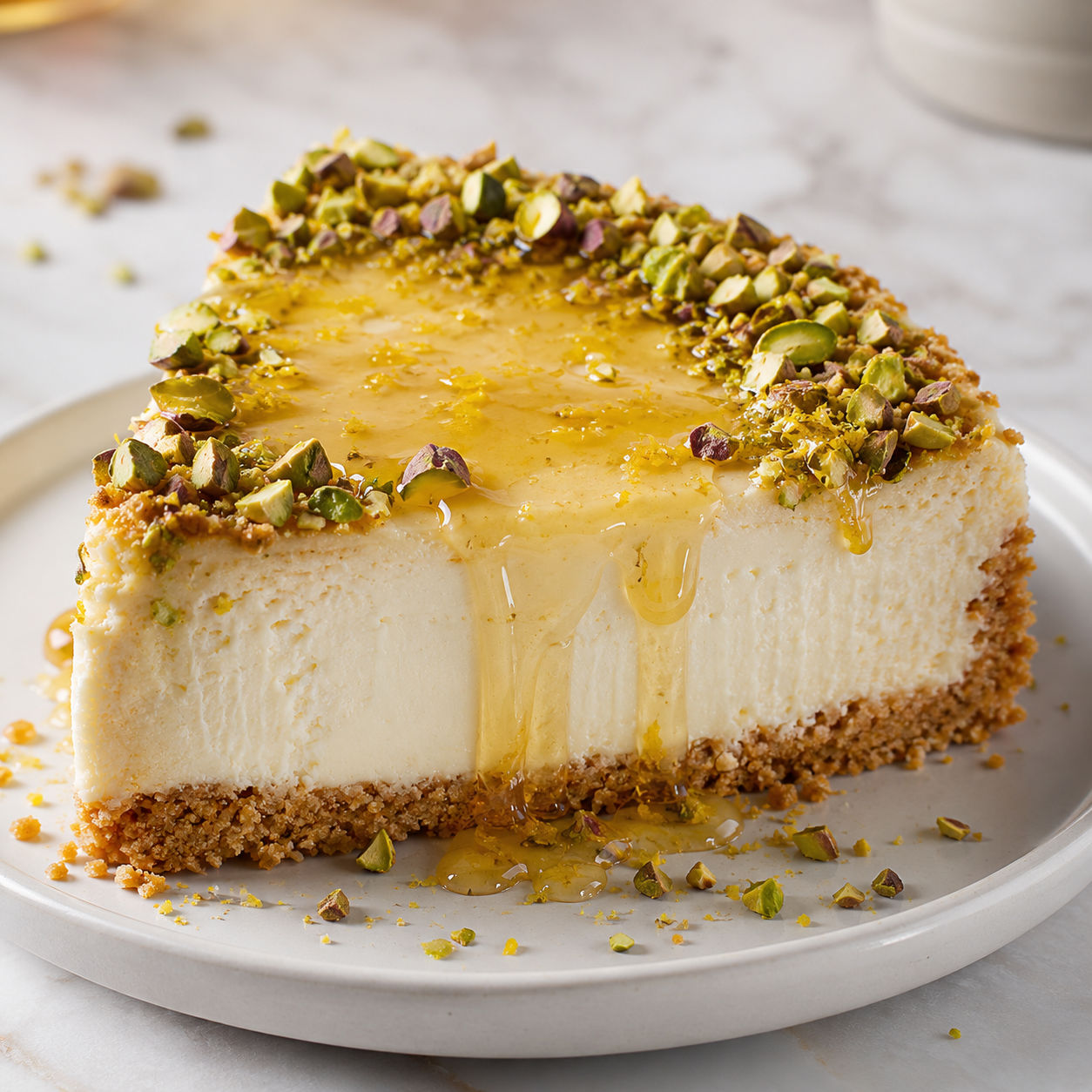 Honey pistachio cheesecake slice with glossy honey and chopped pistachios