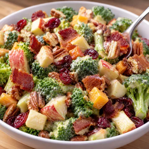 Honeycrisp apple broccoli salad with cranberries, bacon, pecans and creamy dressing
