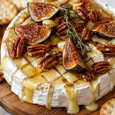 Honeyed fig and pecan baked brie with thyme on a wooden board