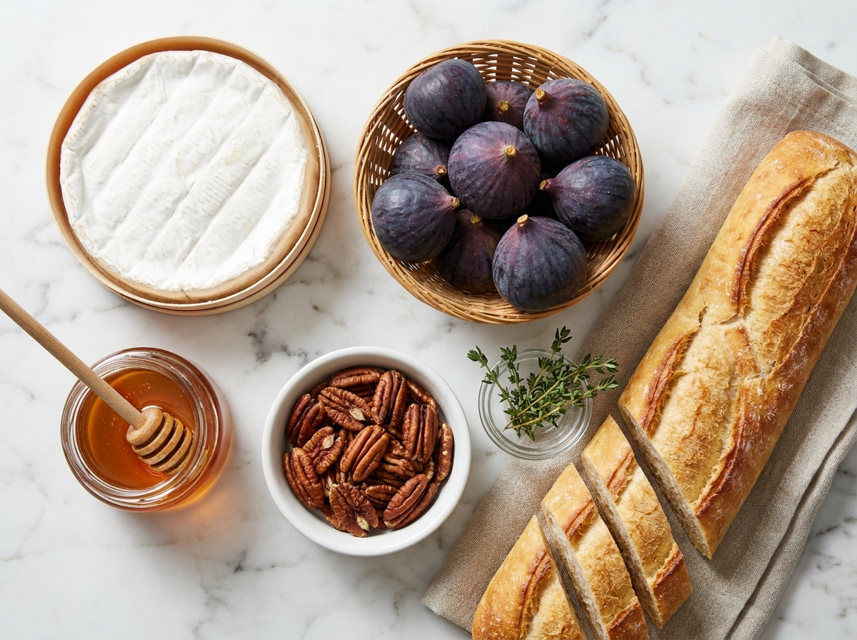 Raw ingredients for honeyed fig and pecan baked brie on marble