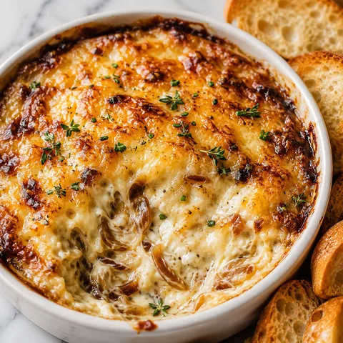 Hot caramelized onion dip with Gruyere and toasted baguette slices