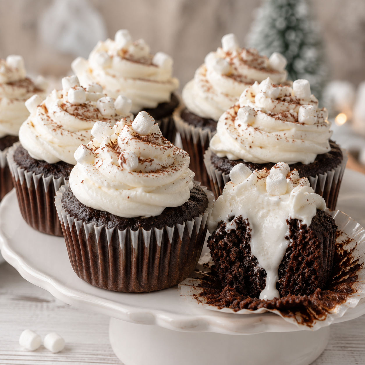 Hot chocolate cupcakes with marshmallow frosting and mini marshmallows