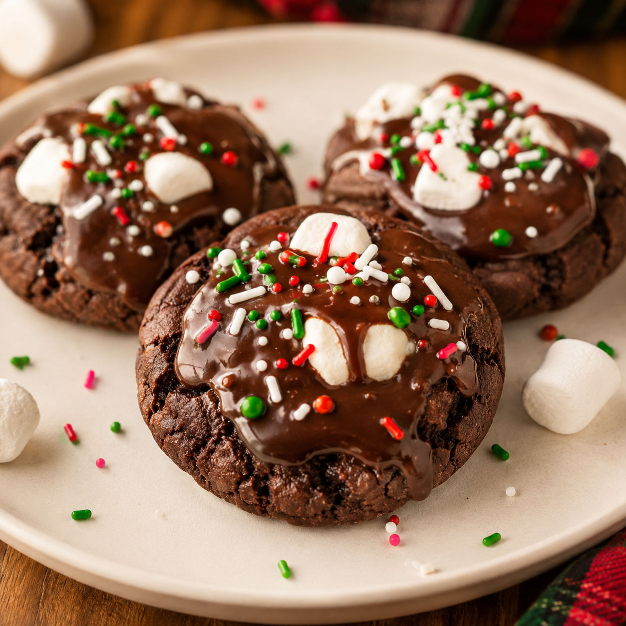 Hot cocoa cookies with marshmallows, chocolate glaze, and sprinkles