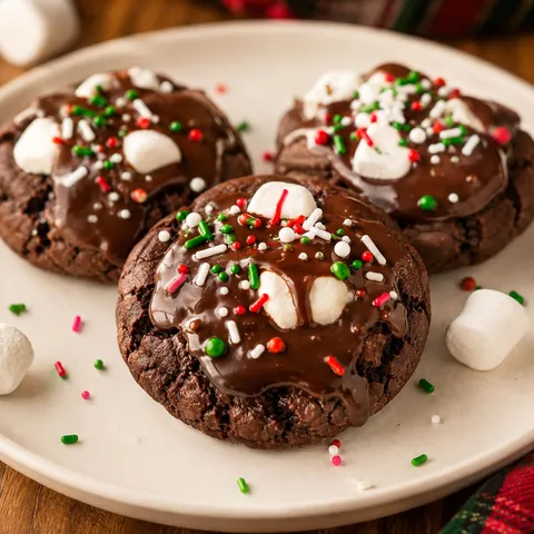 Hot cocoa cookies with marshmallows, chocolate glaze, and sprinkles