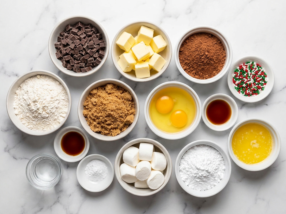 Ingredients for hot cocoa cookies with marshmallows and chocolate glaze