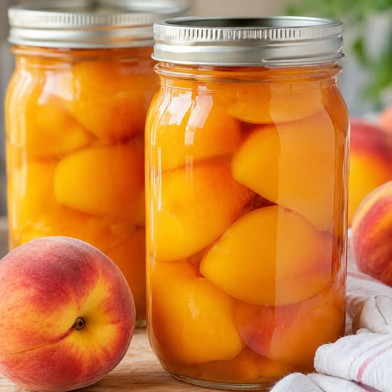 Glass jars of golden home canned peaches in light syrup