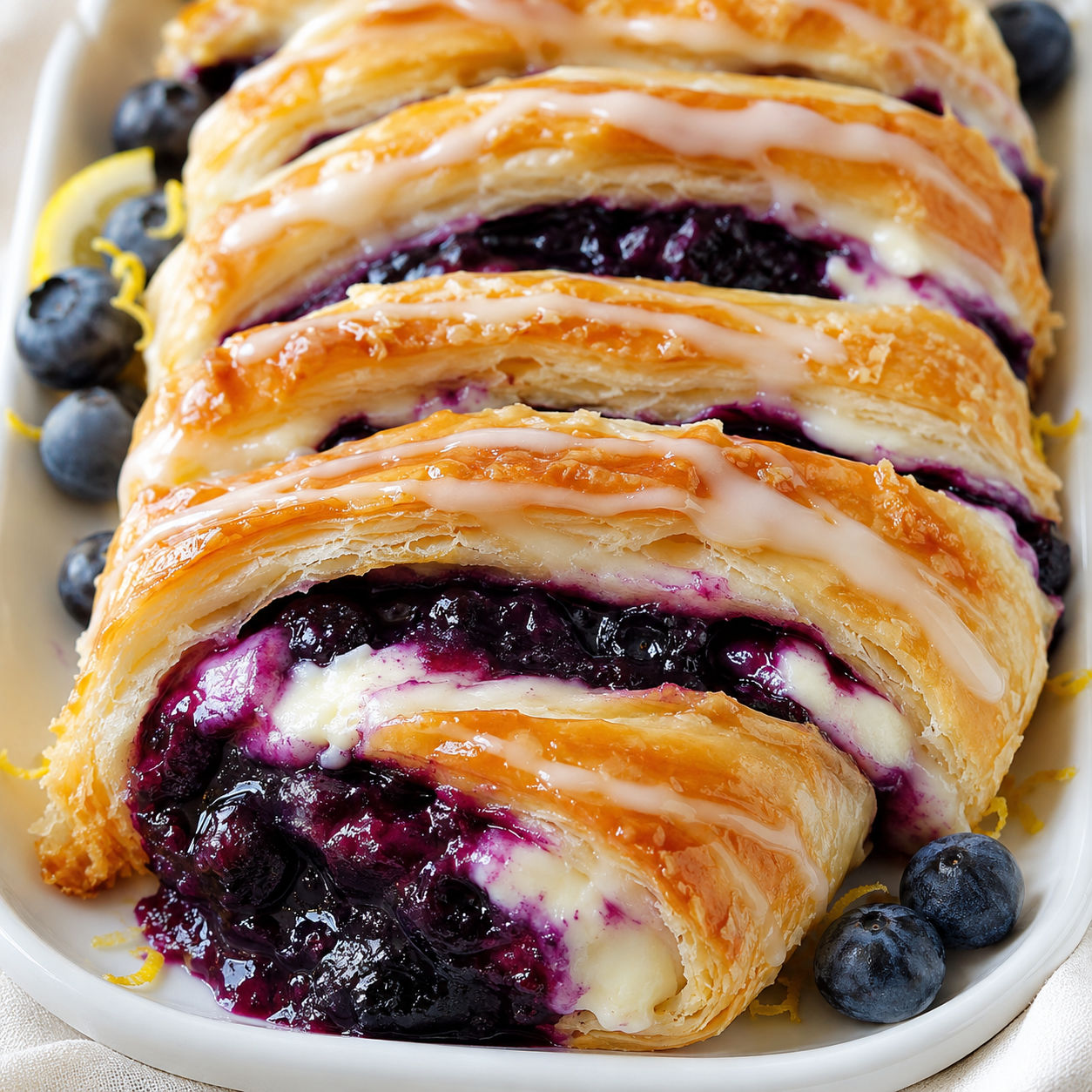 Blueberry cream cheese pastry braid with lemon glaze on a white platter