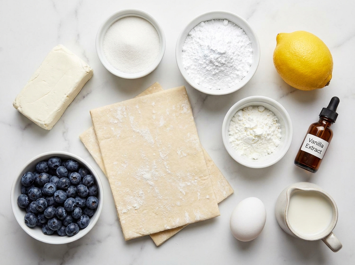 Ingredients for blueberry cream cheese pastry braid on a marble surface