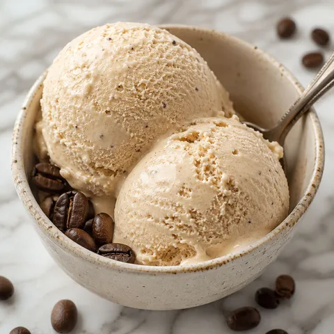 Creamy coffee ice cream scoops in a ceramic bowl with coffee beans