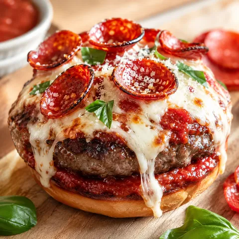 Pizza burger with melted mozzarella, pepperoni, basil, and tomato sauce