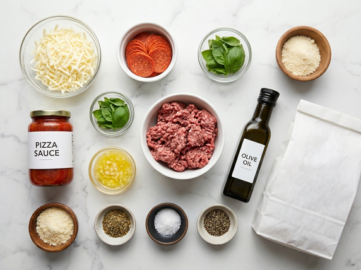 Ingredients for pizza burgers with beef, mozzarella, pepperoni, and buns