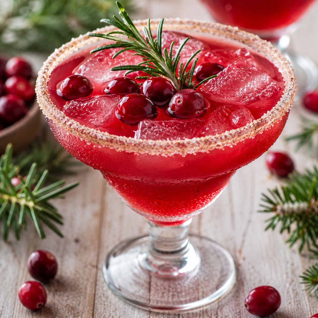 Ruby-red Christmas Mistletoe Margarita with cinnamon-sugar rim and rosemary garnish