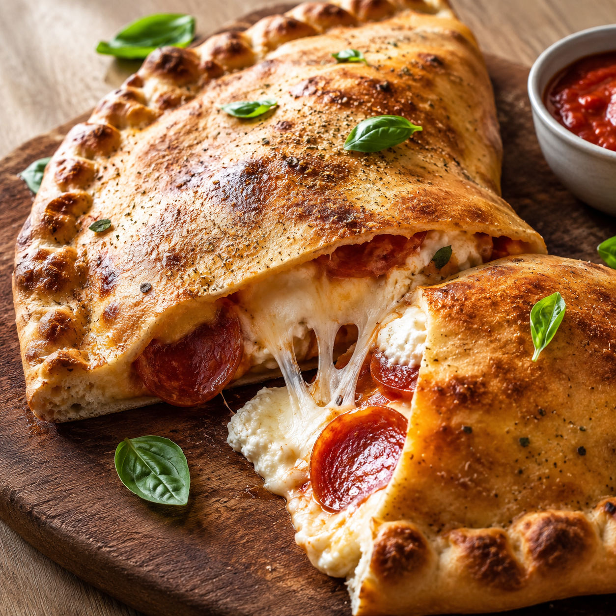 Golden pepperoni calzone sliced open with melted cheese and marinara