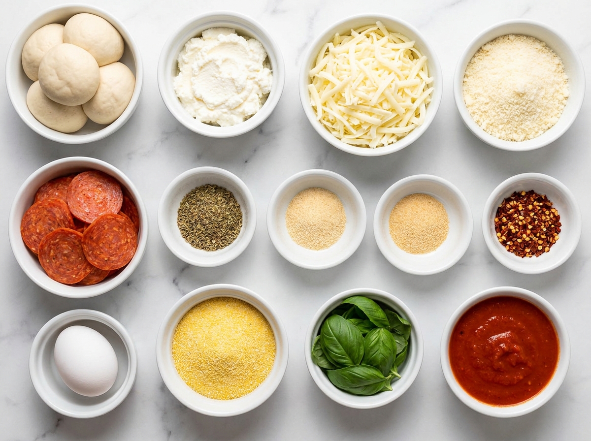 Pepperoni calzone ingredients with dough, cheeses, pepperoni, herbs, and marinara