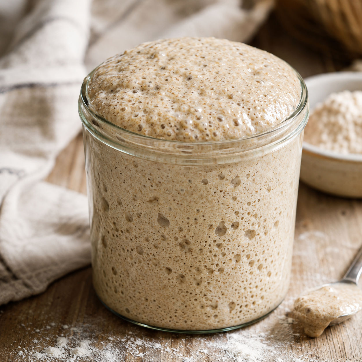 Bubbly whole grain sourdough starter in a clear glass jar