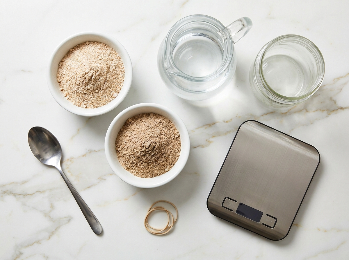 Whole grain flour, water, jar, spoon, scale, and rubber band for starter