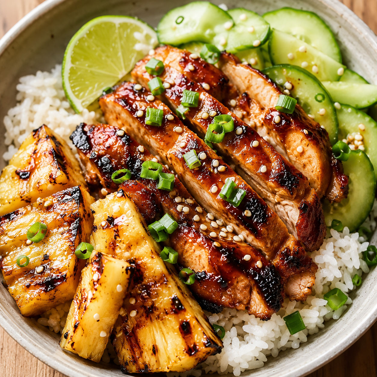 Huli huli chicken rice bowl with grilled pineapple and green onion