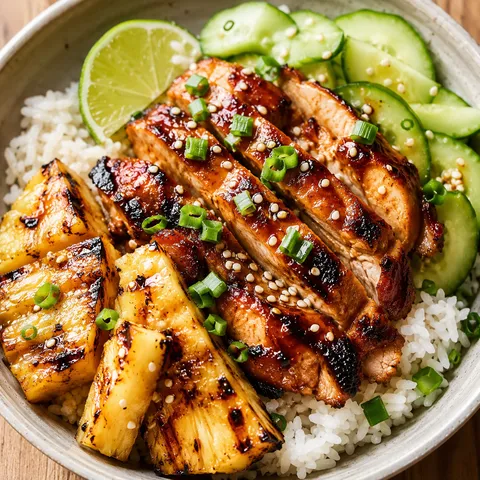 Huli huli chicken rice bowl with grilled pineapple and green onion
