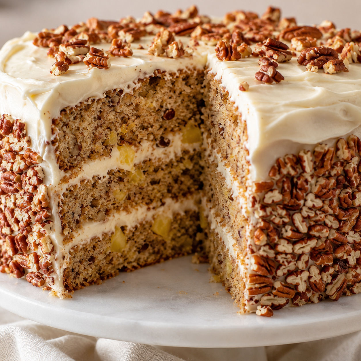 Hummingbird Cake with cream cheese frosting and toasted pecans