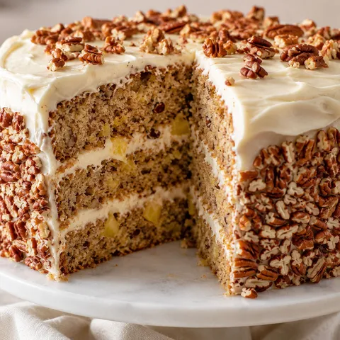 Hummingbird Cake with cream cheese frosting and toasted pecans