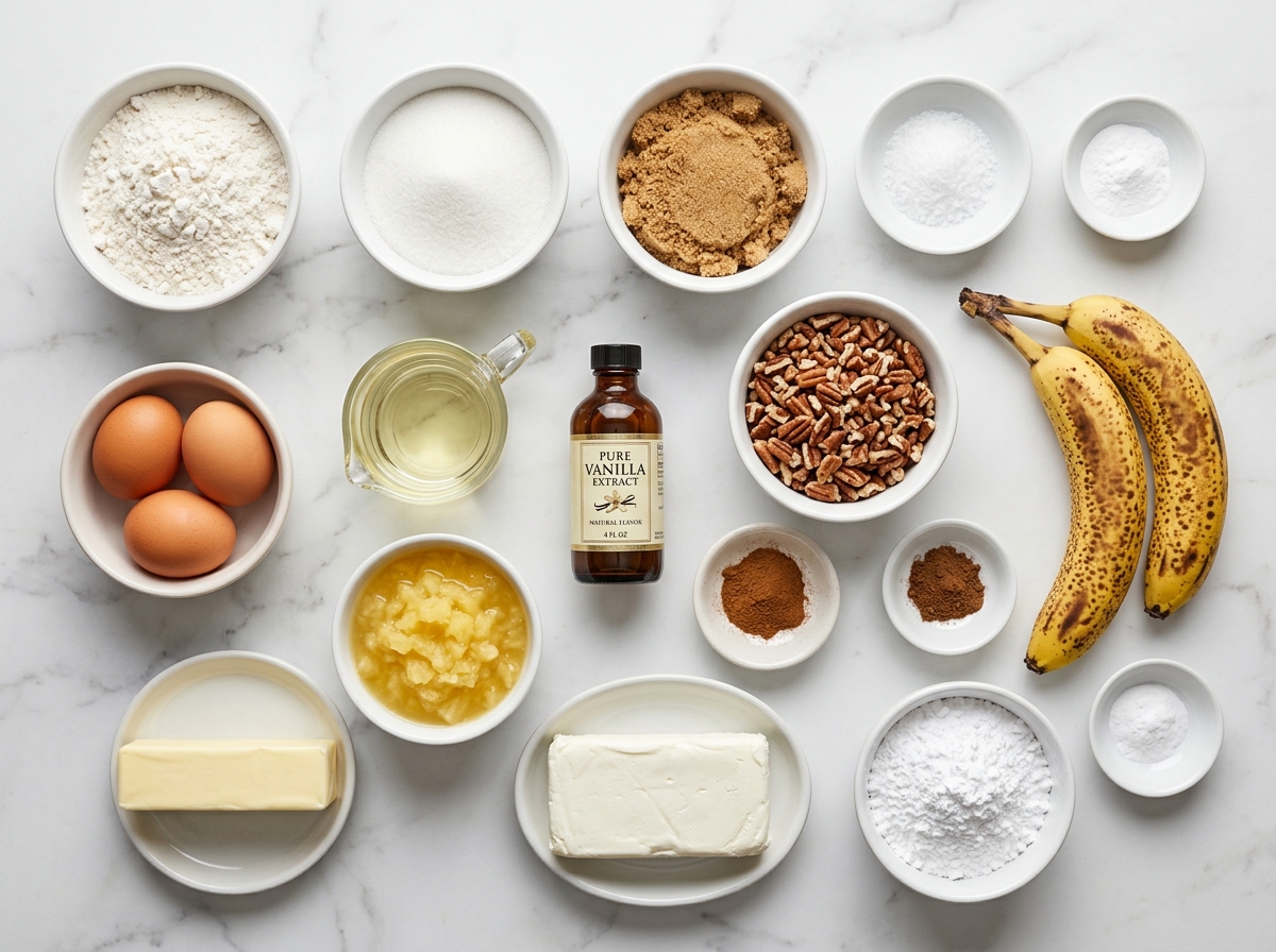 Ingredients for Hummingbird Cake with bananas pineapple pecans and cream cheese