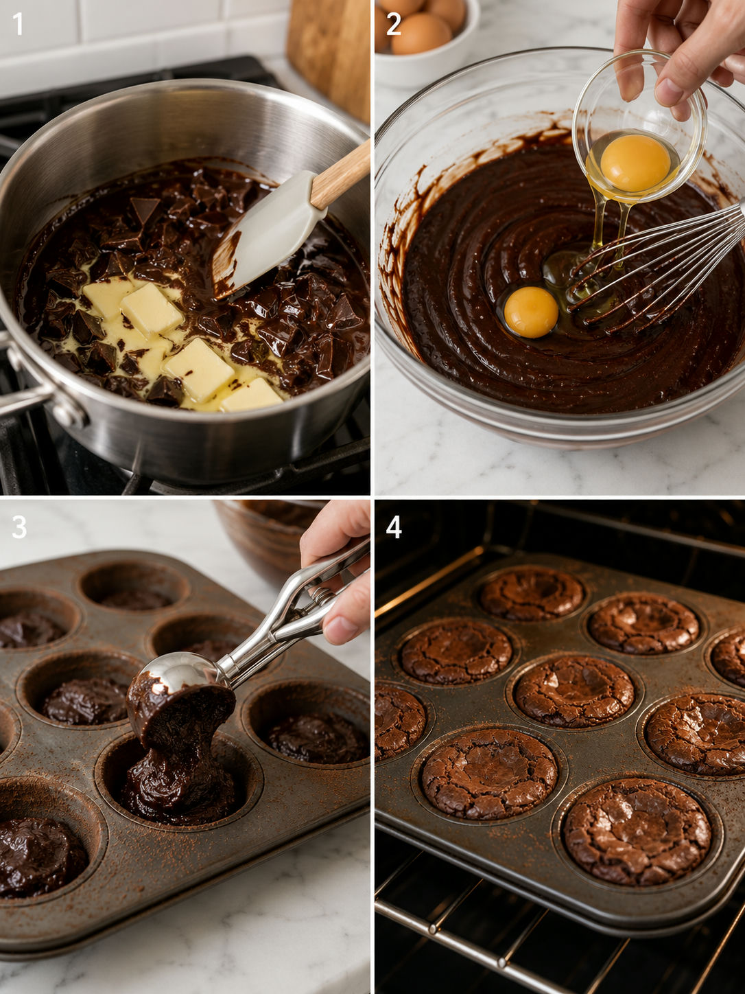 Four steps of making brownies in a muffin pan from melting chocolate to freshly baked cups