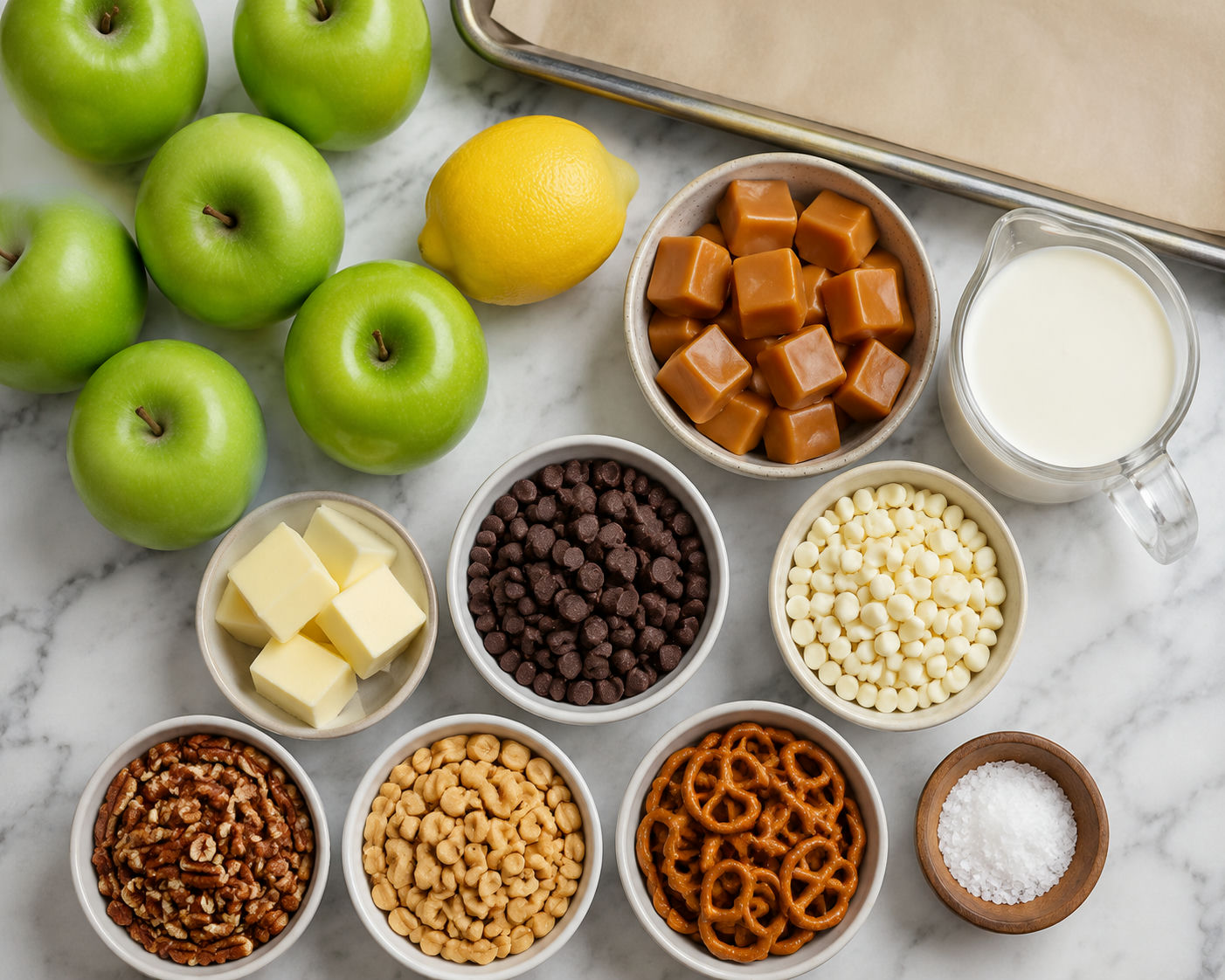 Ingredients for sheet pan caramel apples arranged on a wooden surface
