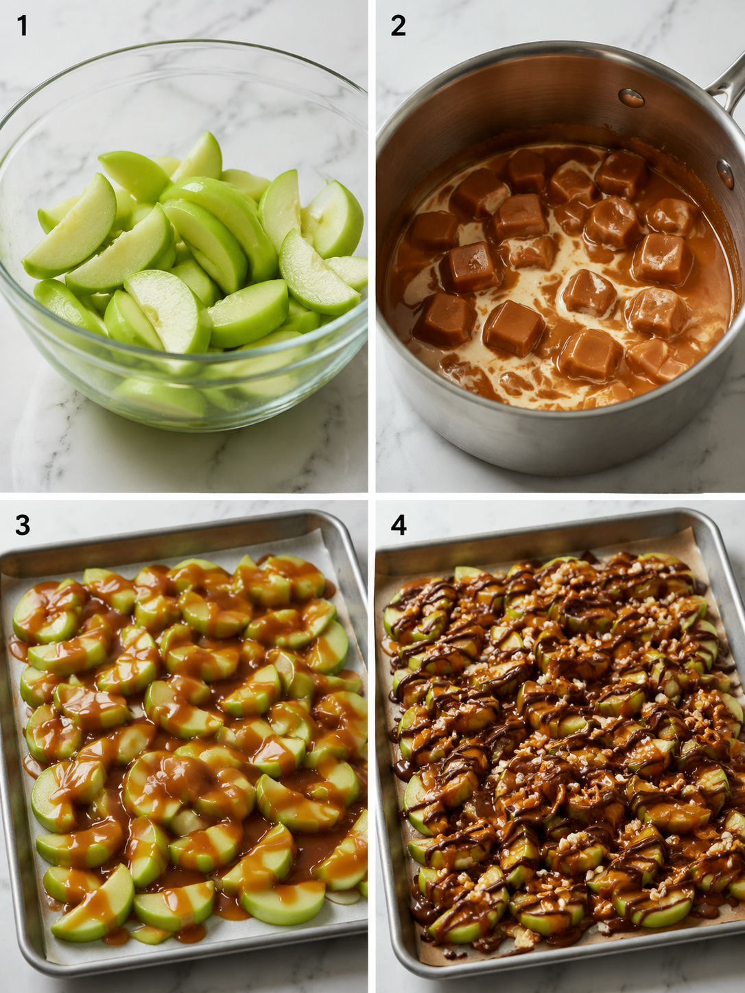 Four steps for making sheet pan caramel apples with toppings