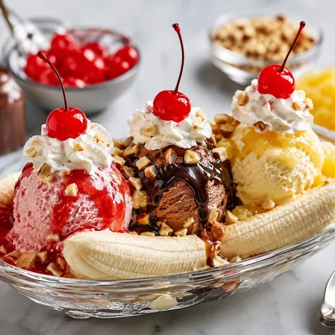 Banana split sundae with whipped cream, cherries, fudge, and chopped nuts