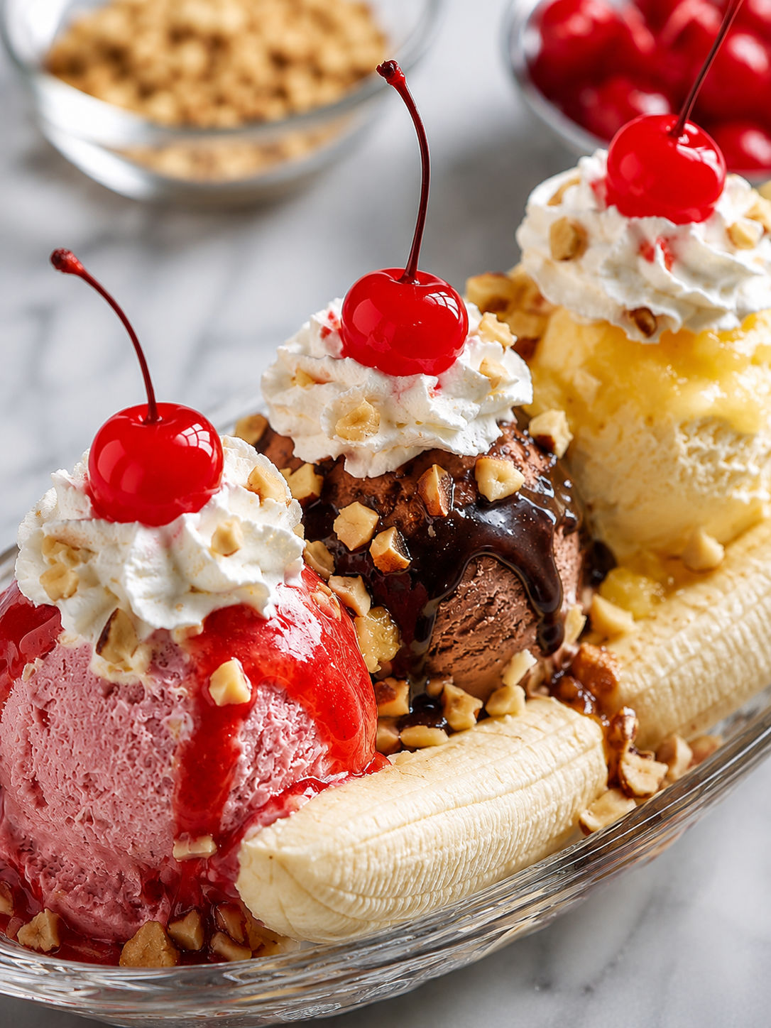 Ice Cream Sundae With Banana Split And Nuts, plated and served