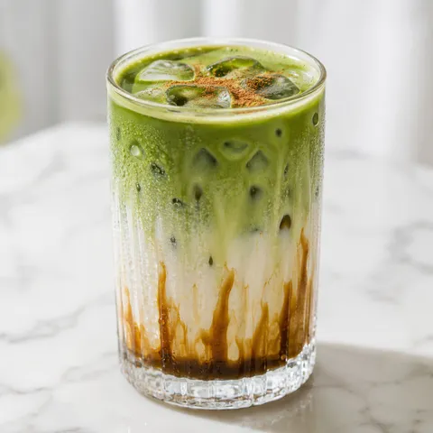 Iced brown sugar matcha latte with oat milk, green matcha, and caramel syrup