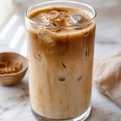 Iced brown sugar oat milk shaken espresso in a tall glass with cinnamon dust and foam