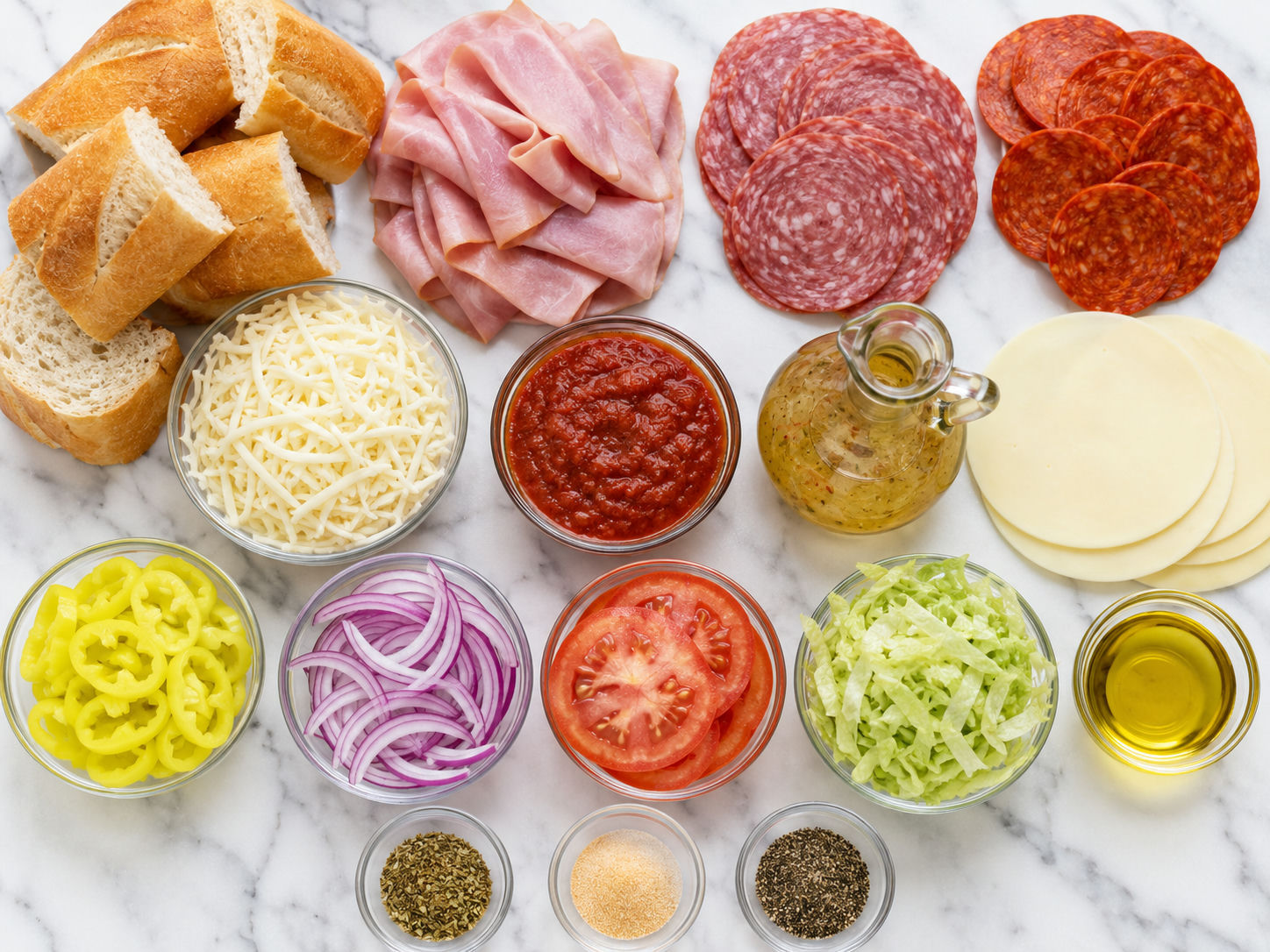 Ingredients for Subway BMT-style casserole with meats, cheese, bread, and toppings