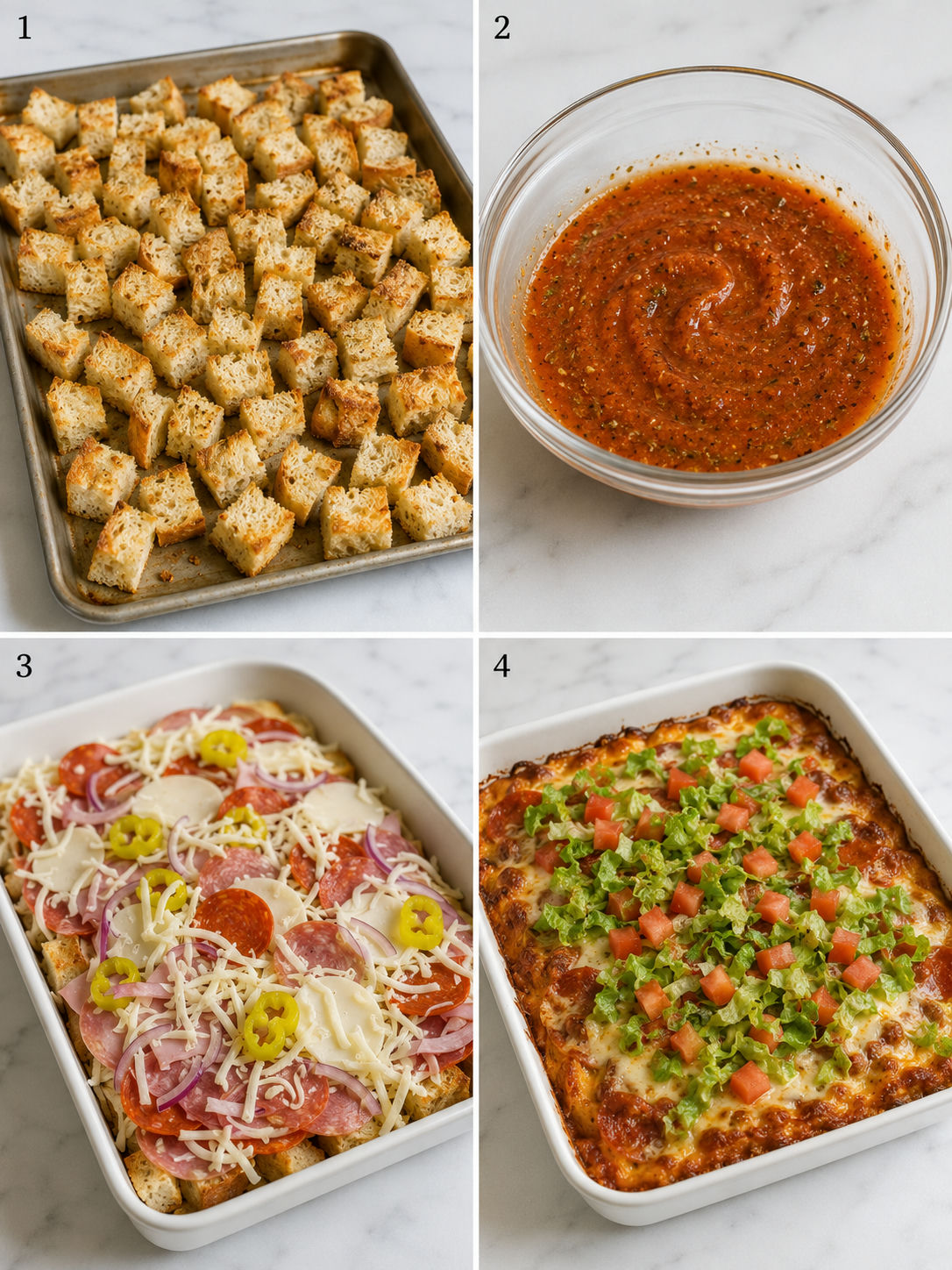 Four steps for making Subway BMT-style casserole from toasting to topping