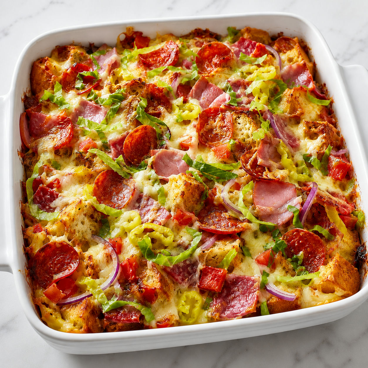 Melty Subway BMT-style casserole spoonful with pepperoni, ham, cheese, and toppings