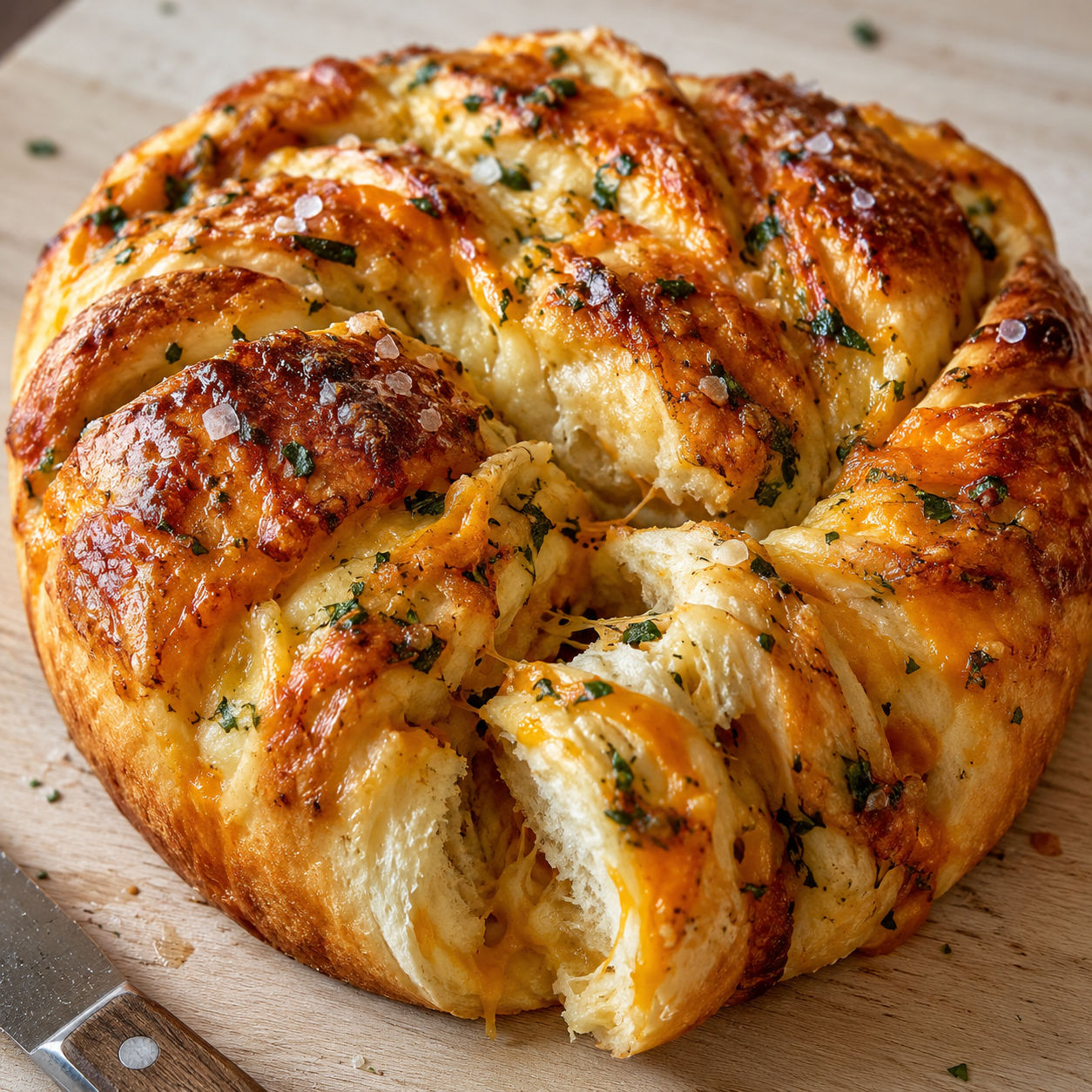 Golden baked swirled garlic herb and cheese bread with flaky sea salt