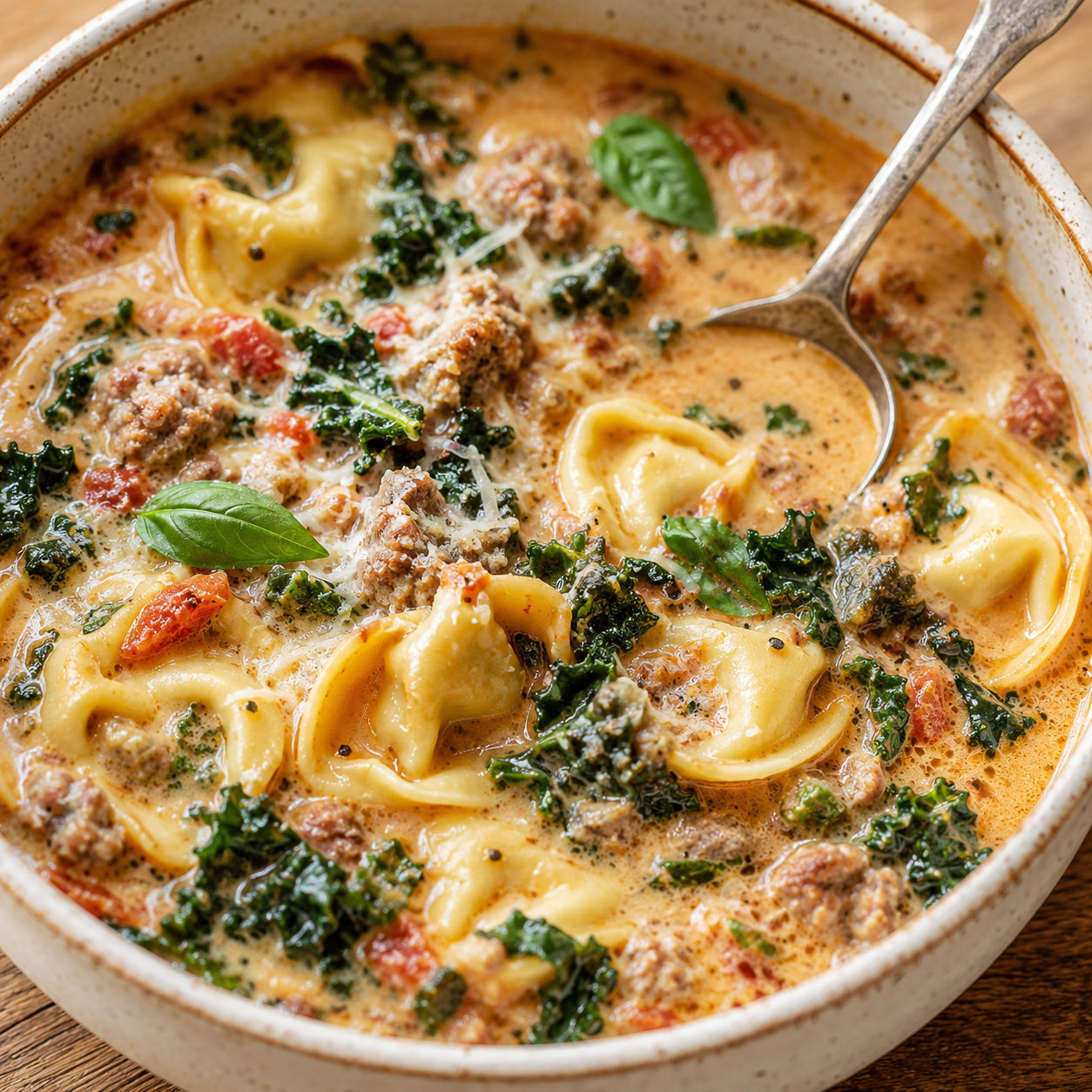Creamy tortellini soup with Italian sausage, kale, basil, and parmesan
