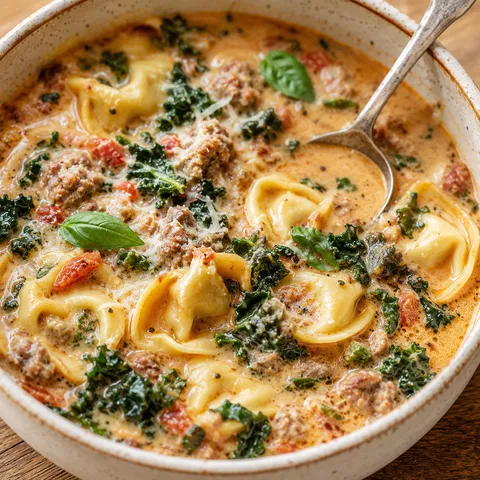 Creamy tortellini soup with Italian sausage, kale, basil, and parmesan