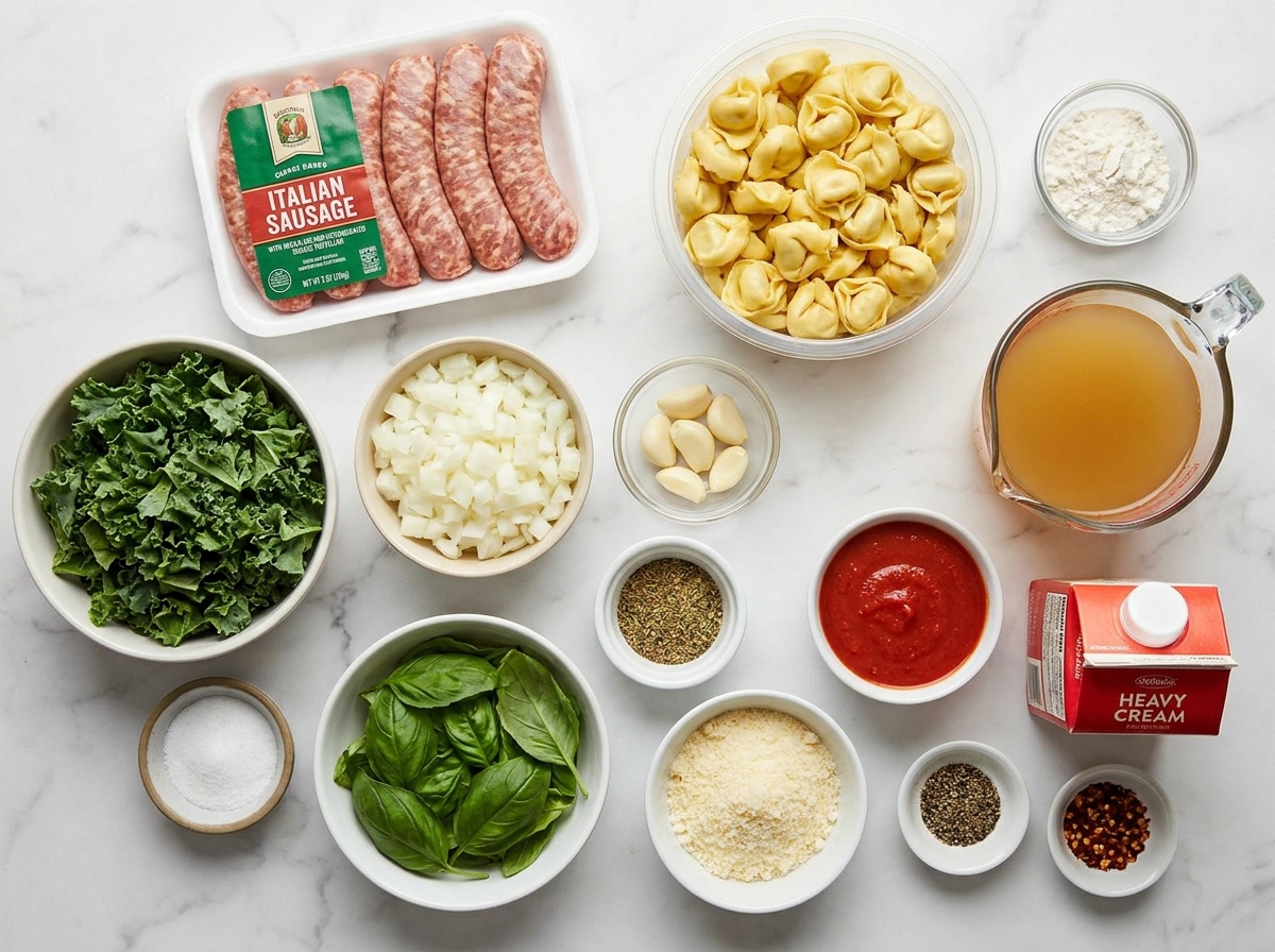 Ingredients for creamy tortellini soup with sausage, kale, cream, and tomato